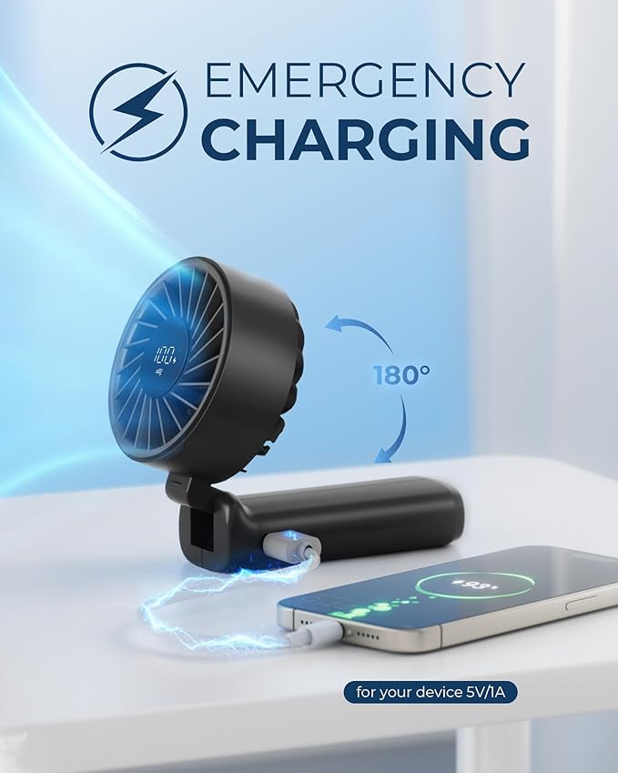 Peiyuu Handheld Fan, Portable Fan, 4000mAh Rechargeable Personal, 180° Foldable - Image 4