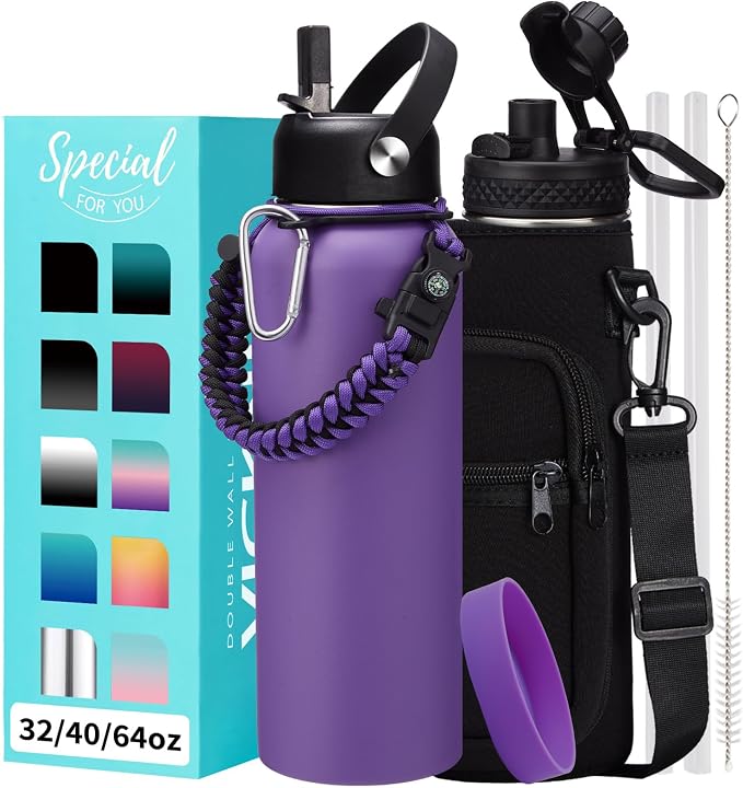 Insulated Water Bottle with Straw - 40 oz Triple Walled Water Bottle with Strap by VICKNIY