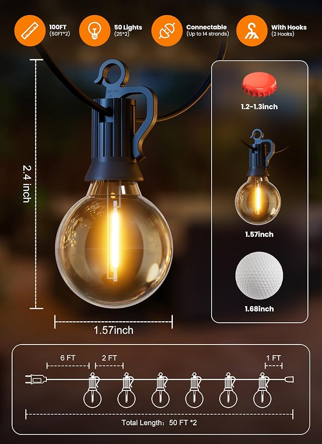 Outdoor String Patio Lights 100FT 50 LED String Lights Waterproof Connectable - Image 6