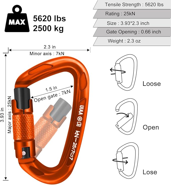 UIAA Certified Professional Heavy Duty Large Locking Carabiner Clips Climbing - Image 3