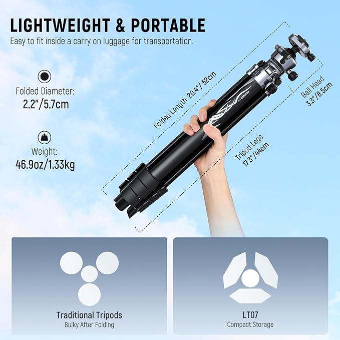 NEEWER LITETRIP LT07 61" Aluminum Travel Camera Tripod, Portable Stand - Image 2