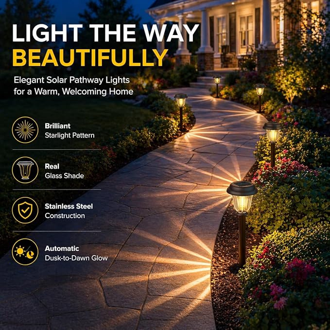 DERAYSION 8 Pack Solar Lights Outdoor, Stainless Steel Glass Solar Pathway - Image 6