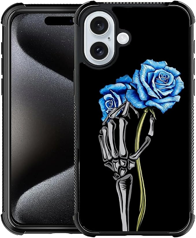 for iPhone 16 Case, Skeleton Holding Blue Rose Pattern Graphic Design Girl Boy by FKBRCL4U
