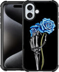for iPhone 16 Case, Skeleton Holding Blue Rose Pattern Graphic Design Girl Boy by FKBRCL4U