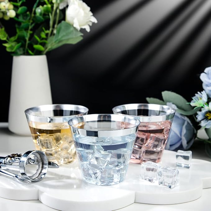 I00000 200pcs Silver Disposable Plastic Cups 9 oz Clear Plastic Cups Old - Image 2