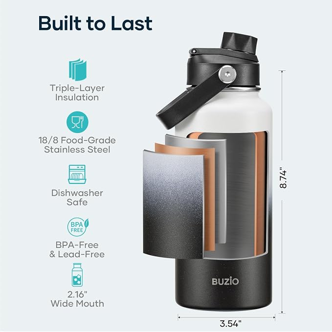BUZIO 32 oz Water Bottle Insulated, Leakproof Stainless Steel Flask, Wide Mouth - Image 4