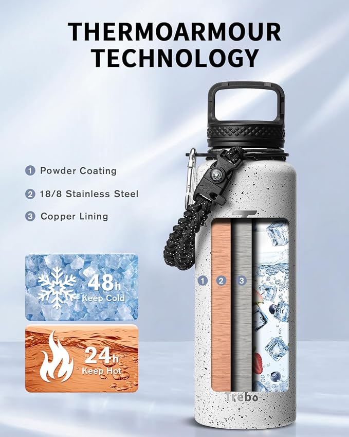 Trebo Water Bottle 40oz with Paracord Handle, Half Gallon Large Vacuum Triple - Image 2