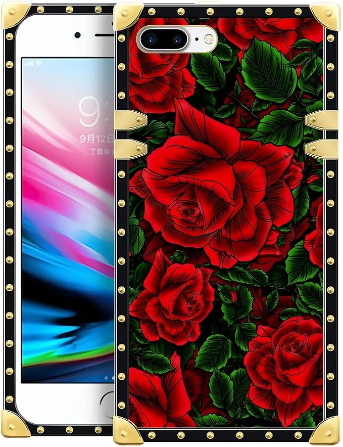 Compatible with iPhone 8 Plus 7 Plus Case, Vector Red Rose Green Leaf Luxury by Unknown