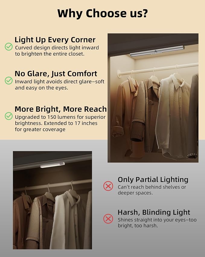 EZVALO 17-Inch LED Motion Sensor Closet Lights, 3600mAh Rechargeable Battery - Image 2