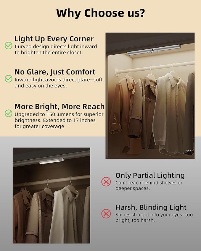 EZVALO 17-Inch LED Motion Sensor Closet Light, Rechargeable 3600mAh Battery - Image 2