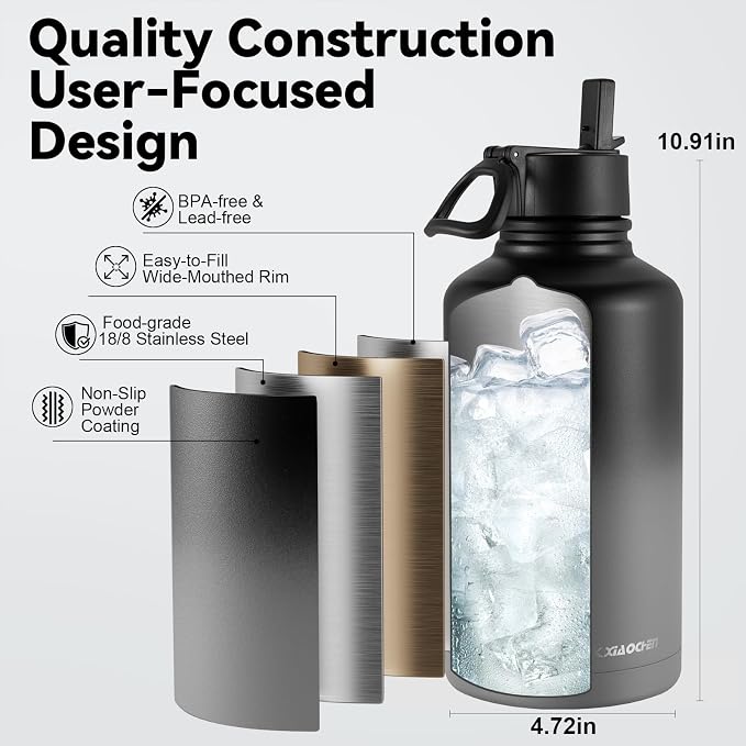 KXIAOCHEN Insulated Water Bottle, Stainless Steel Water Bottle, 2 Lids - Image 5