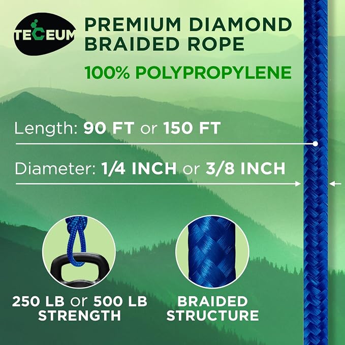 TECEUM Rope – 90 Feet x 3/8 Inch – Blue – Strong All-Purpose Utility Rope – - Image 2