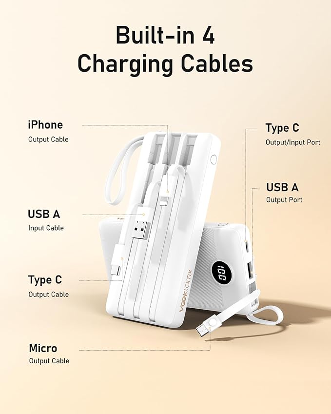 VEEKTOMX Portable Charger Built-in Cables, 10000mAh Power Bank - Image 3