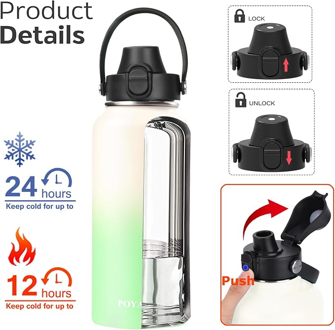 Water Bottle Insulated 32oz 40oz 64oz 128oz Straw Lid Spout Lid & 3 Lids - Image 2
