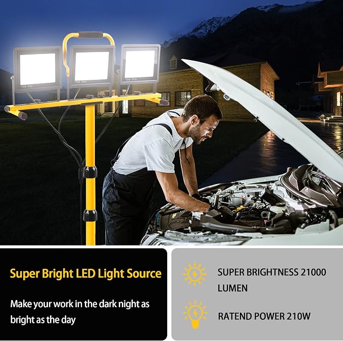 22000 Lumen Work Lights with Stand, 3 Adjustable Head LED Work Light, with - Image 2
