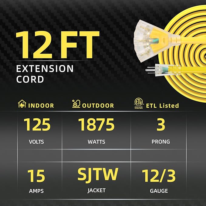 12FT 12 Gauge Heavy Duty Outdoor Extension Cord Waterproof - Image 2