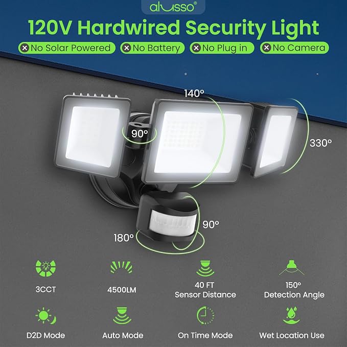 ALUSSO Motion Sensor Outdoor Lights Hardwired, Flood Lights Outdoor 120V - Image 3