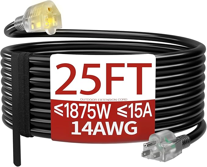 25 FT 14/3 Extension Cord Outdoor, Heavy Duty Weatherproof & Flame Retardant by Skrizcable