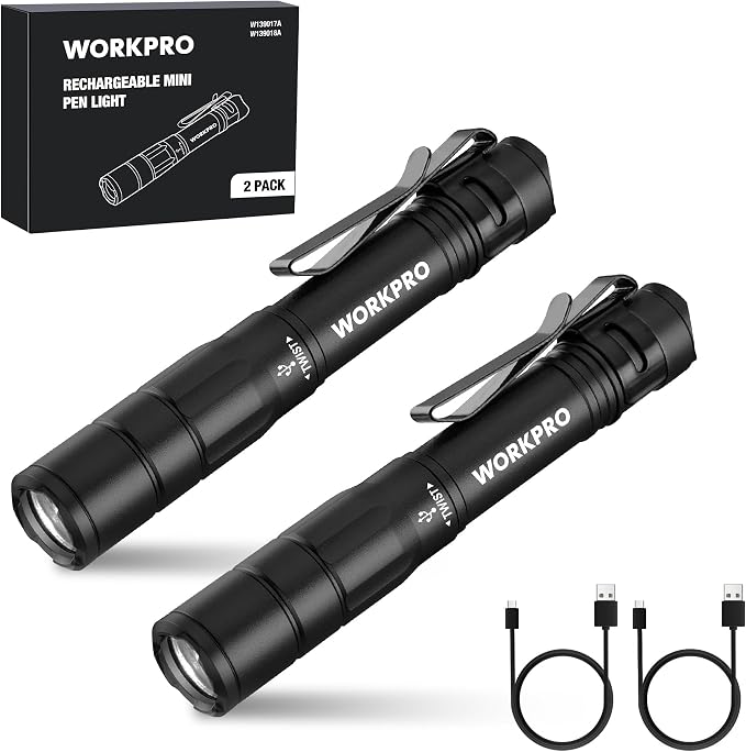 WORKPRO Rechargeable Pen Light, Mini Flashlight, 2 Pack Ultra-Compact EDC by WORKPRO