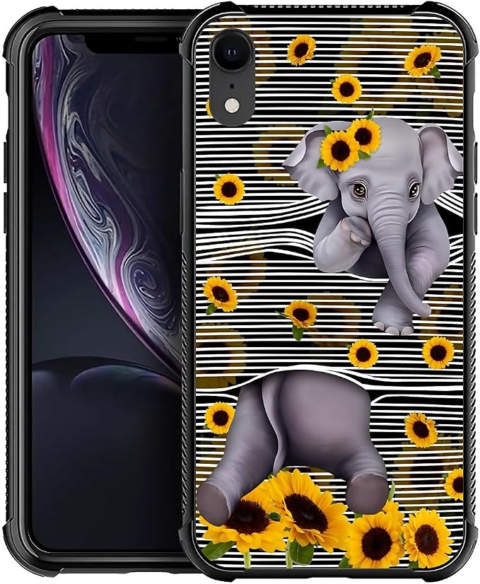 for iPhone XR Case, Cute Little Elephant Sunflower White Line Art Pattern by FKBRCL4U