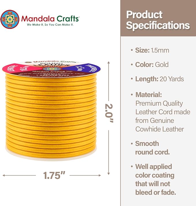 Mandala Crafts Round Genuine Gold Leather Cord - Image 4