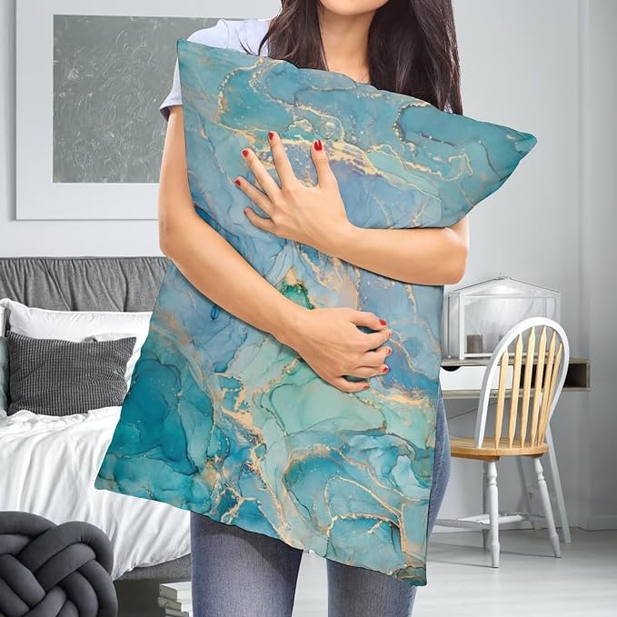 Teal Marble Throw Pillow Covers Set of 2 Queen Size Turquoise Blue Gold Natural - Image 7