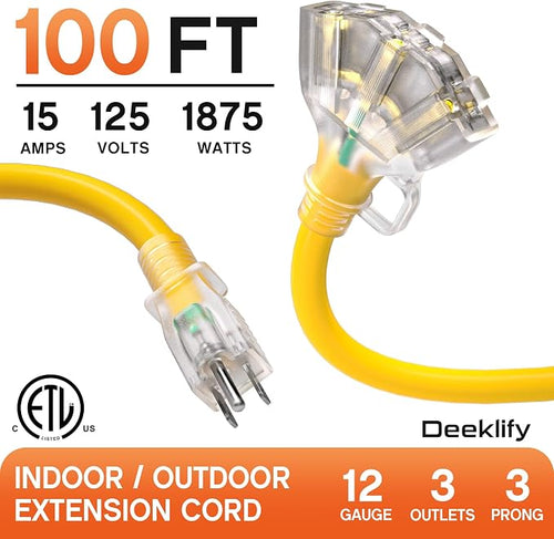 100ft 12 Gauge Heavy Duty 3 Outlet Extension Cord Splitter - Image 2