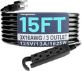 Energeaster 16/3 15 Ft 3 Outlet Extension Cord Outdoor Waterproof, 3 Prong by energeaster