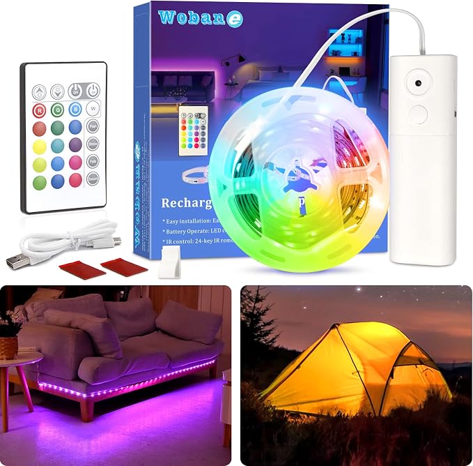 WOBANE Rechargeable LED Strip Light, 2000mAH Battery Powered Color Changing by WOBANE