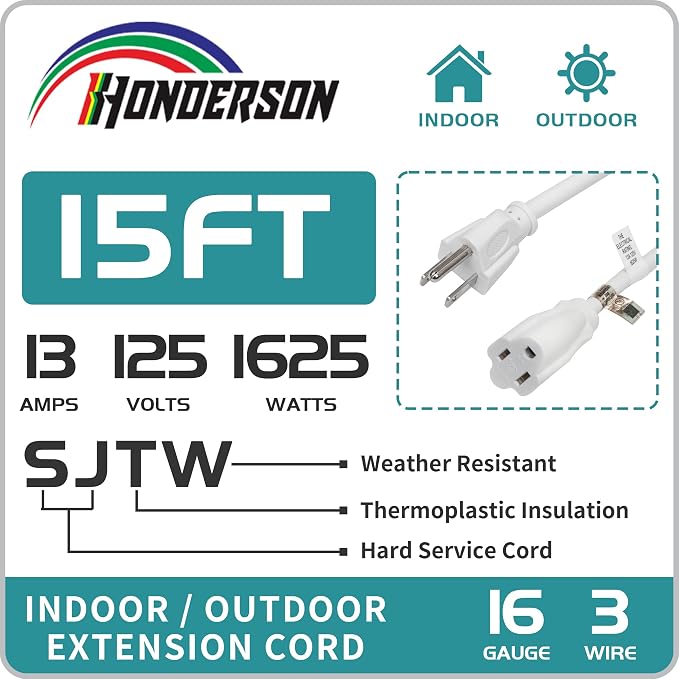 Indoor/Outdoor Extension Cord, 16 Gauge 15FT White 3 Prong Heavy Duty, - Image 3