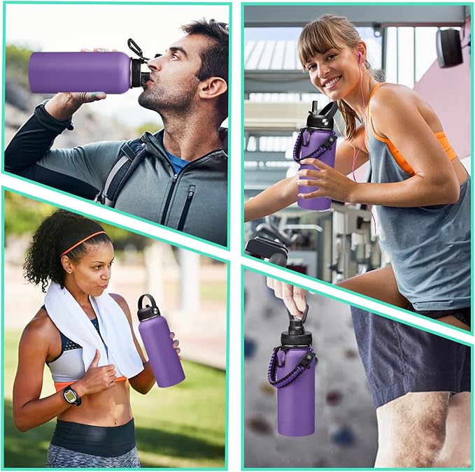 32 oz Water Bottles with Straw & Spout Lid, Paracord Handle & Strap, Double - Image 8