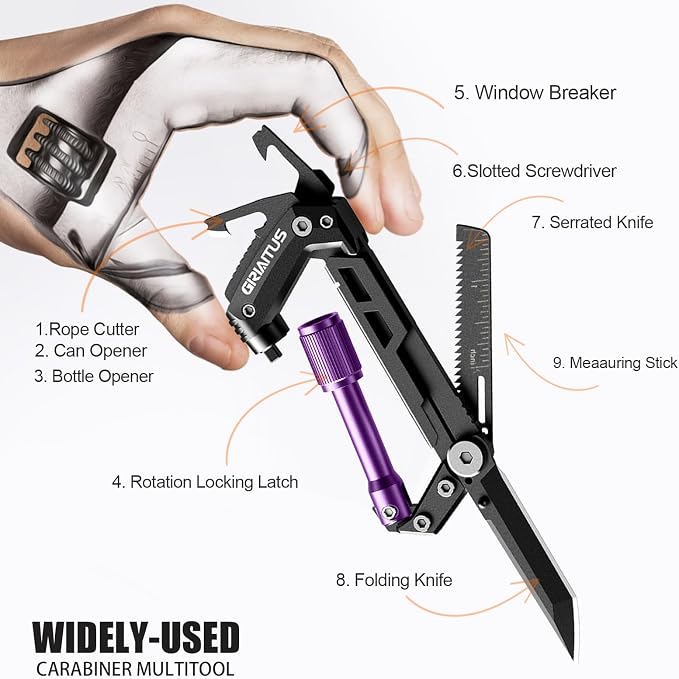 Carabiner Multitool with Pocket Knives, EDC Carabiners, Serrated Knife - Image 2