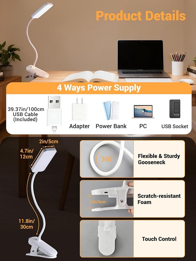 Clip on Lamp, 9 Brightness+5 Color Clamp Light, 4000mAh Battery Rechargeable - Image 7