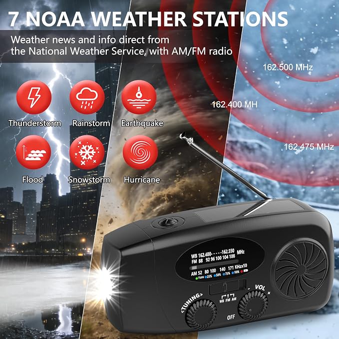 Weather Emergency Radio, Portable Solar AM/FM/NOAA Hand Crank Radio, Cell Phone - Image 2