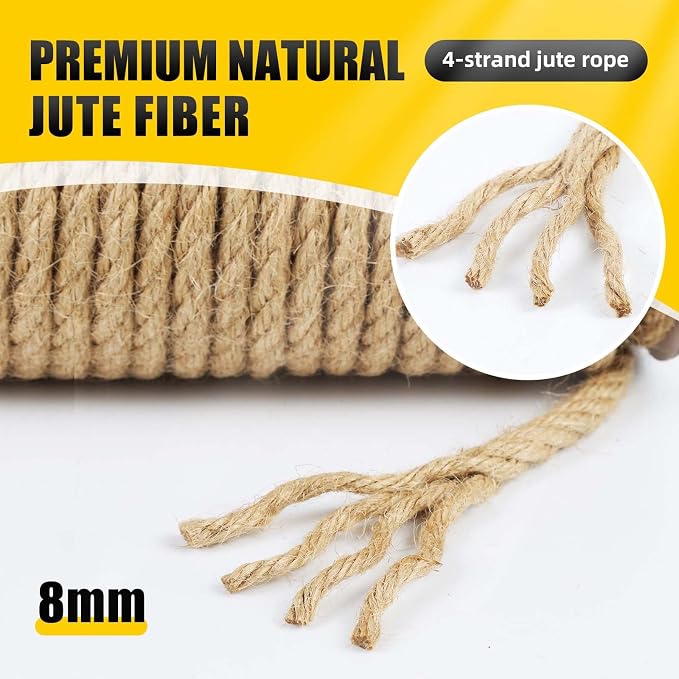 Natural Jute Twine, 8MM x 100FT Jute Rope Roll, Heavy Duty Thick Twine - Image 2