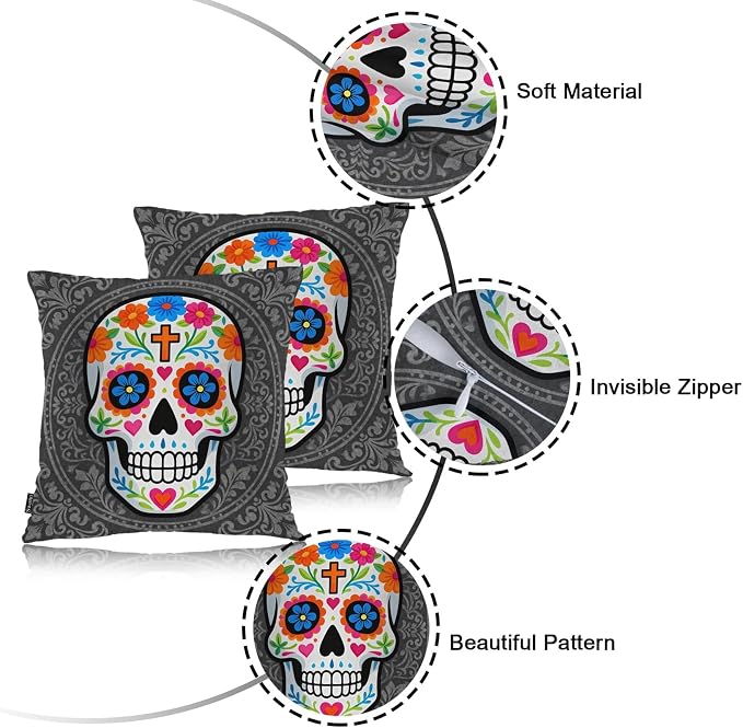 Swono Sugar Skull Set of 2 Square 18x18 Inch Throw Pillow Cover Mexican Day of - Image 7