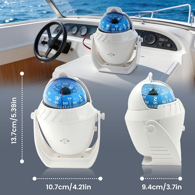 Boat Compass with Magnetic Declination Adjustment, Pivoting Marine Compass - Image 2