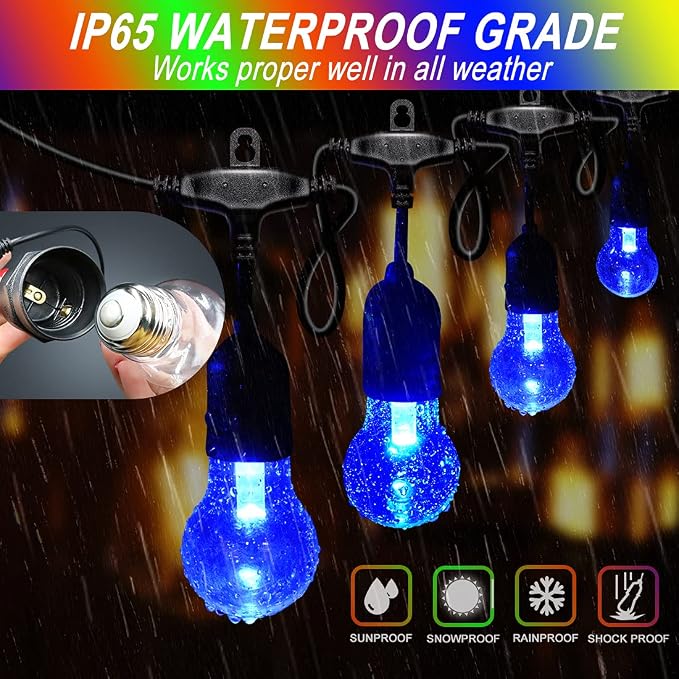 48FT Outdoor RGB String Lights, 16 Shatterproof Edison Bulbs, Dimmable Color - Image 2