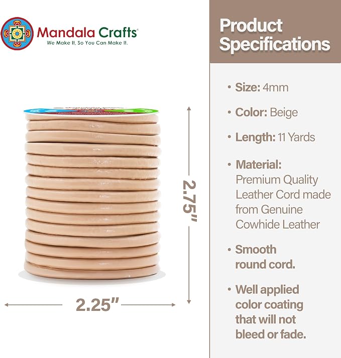 Mandala Crafts Round Genuine Beige Leather Cord - Image 4