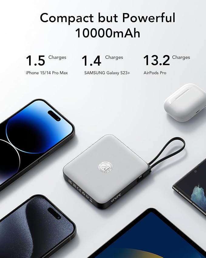 VRURC Portable Charger with Built-in Cable, 10000mAh 22.5W Fast Charging USB C - Image 3
