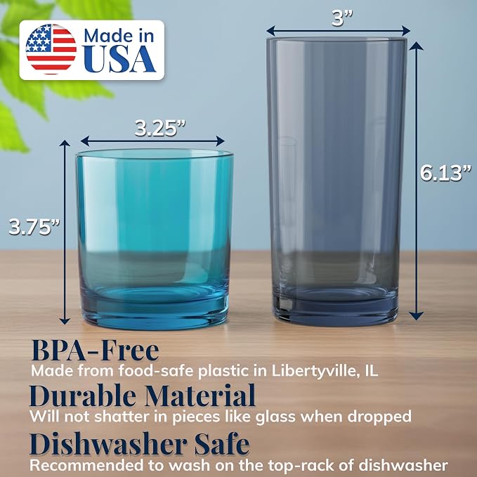 US Acrylic Classic Plastic Reusable Drinking Glasses 12oz Rocks & 16oz Water - Image 2
