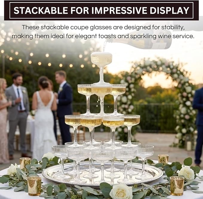 Premium ACRYLIC Champagne Tower Kit | 20 Stackable 7 oz Plastic Coupe Flutes | - Image 3