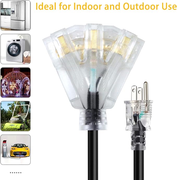 10FT 12/3 Extension Cord Heavy Duty Black 3-Outlet Indoor/Outdoor SJTW Lighted - Image 5
