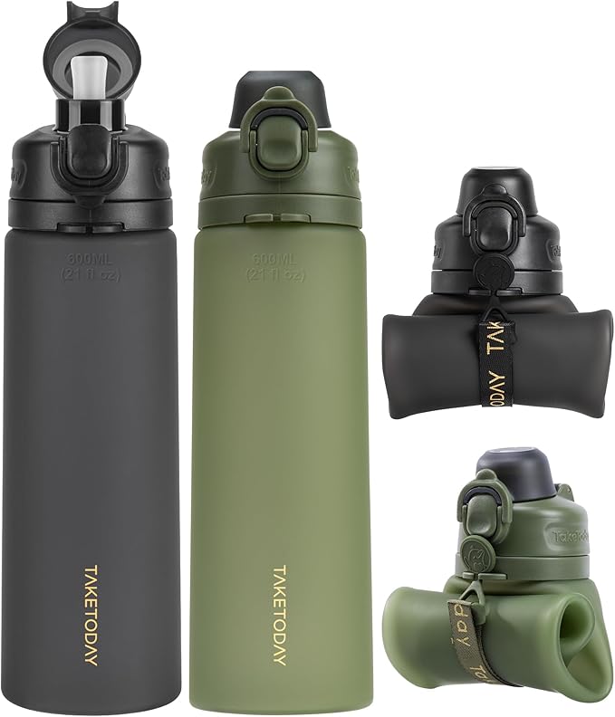 TakeToday Collapsible Water Bottles 21oz, Foldable Platinum Silicone Travel by TAKETODAY