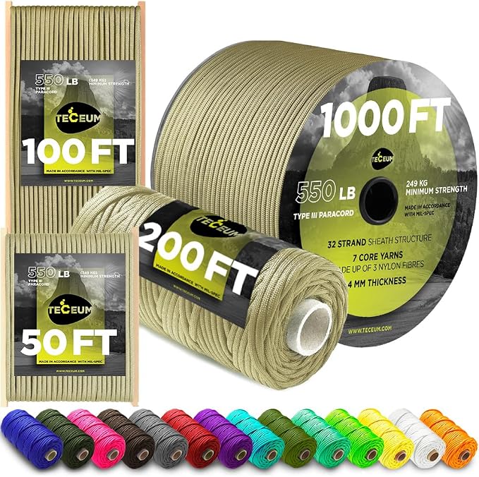 TECEUM 5/32" Paracord Rope 1000 – 1000ft / 200ft / 100ft / 50ft – Tactical by TECEUM