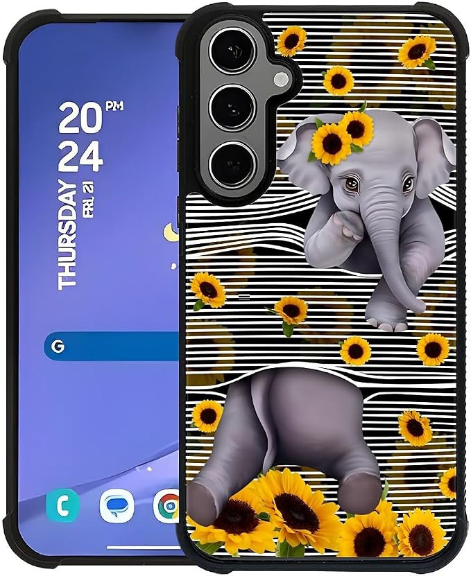 for Samsung Galaxy S24 S25 Plus Case, Cute Little Elephant Sunflower White Line by FKBRCL4U