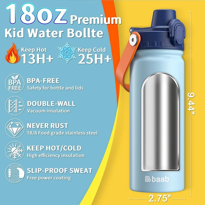 baab 18oz Kids Water Bottle, Insulated Kids Water Bottle - Image 2