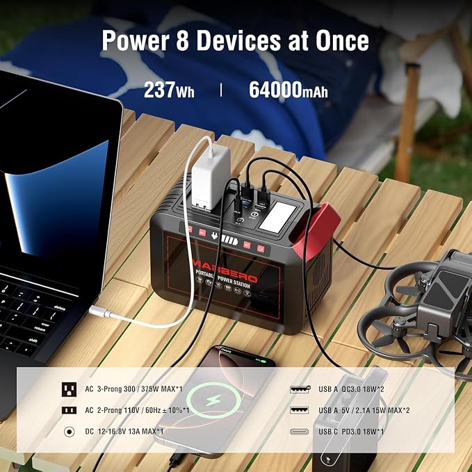 Portable Power Station 300W MARBERO 237Wh Camping Solar Generator Backup - Image 3