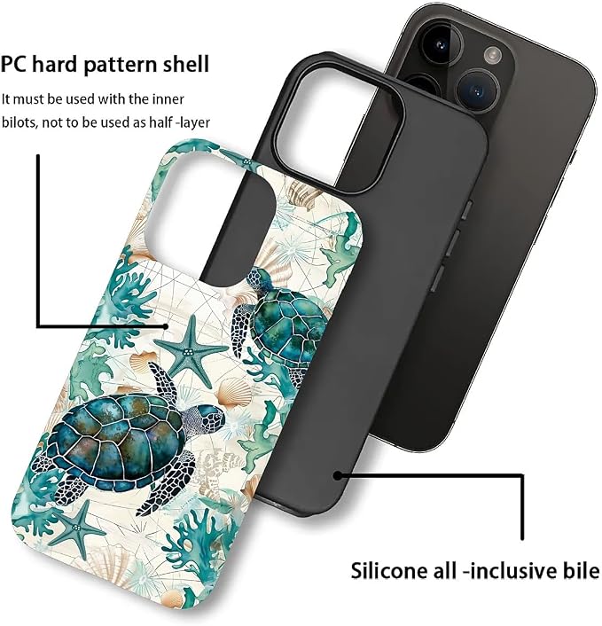 for iPhone 15 Pro Max Case, HH2 Ocean Sea Turtle Nautical Map Hybrid 2 Layer - Image 3