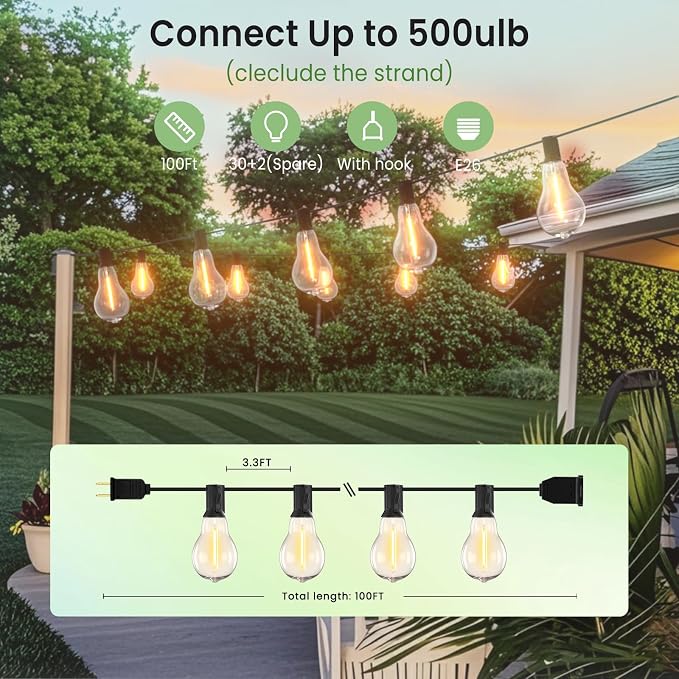 Outdoor String Lights 100FT Waterproof LED Outdoor Lights - Image 3